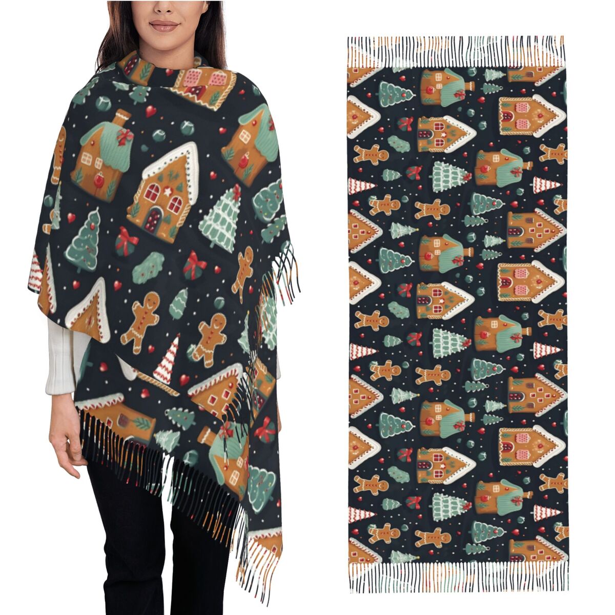 Pashmina Wrap Large - ความสุขในวันคริสต์มาส - ขนมปังขิงแสนน่ารักและผ้าคลุมไหล่สำหรับผู้หญิงในฤดูหนาว ผ้าพันคอขนาดใหญ่เนื้อนุ่ม ผ้าพันคอพัชมีนาพร้อมพู่ห้อย