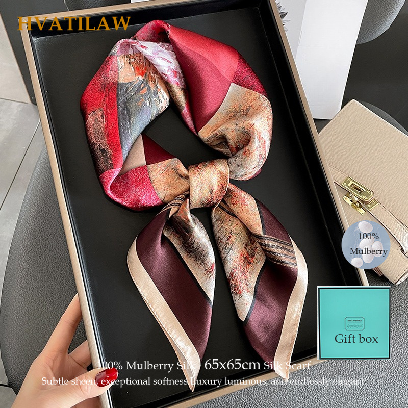 Ascot Neck Scarf - ผ้าพันคอไหมแท้ 100% สำหรับผู้หญิง ผ้าพันคอแบบสี่เหลี่ยม ผ้าพันคอฤดูร้อน ผ้าพันคอคล้องคอ