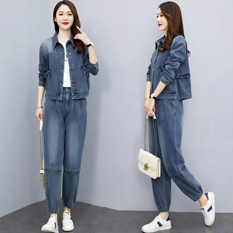 Pocket Square Set - ผู้หญิง DENIM ชุด 2024 ฤดูใบไม้ผลิใหม่ฤดูใบไม้ร่วงสบายๆกางเกงยีนส์สั้นเสื้อแจ็คเก็ต +