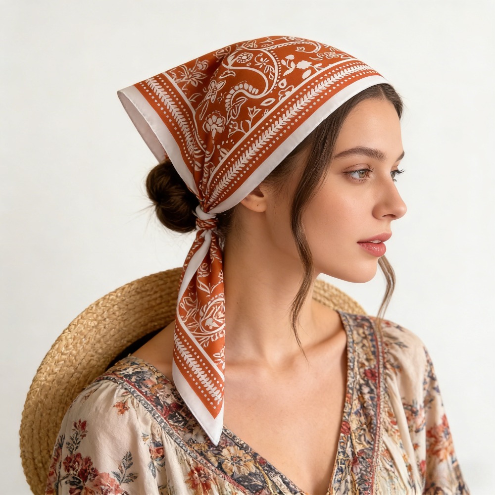 Silk Neck Scarf - ผ้าพันคอไหมพิมพ์ลายเม็ดมะม่วงหิมพานต์ 1 ผืน ผ้าพันคอสี่เหลี่ยม ผ้าคลุมไหล่คุณภาพสูง ผ้าพันคอผืนเล็ก