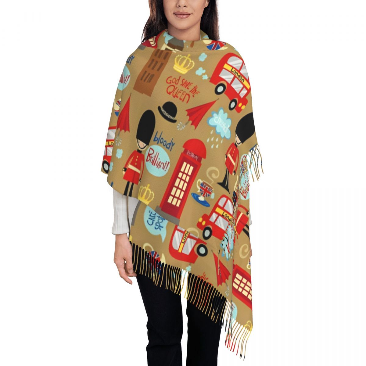 Pashmina Wrap Large - ผ้าพันคอ Enchanted London สำหรับผู้หญิง ผ้าพันคอพาชมินาสำหรับฤดูหนาว ผ้าคลุมไหล่ขนาดใหญ่พร้อมพู่ห้อยสำหรับสวมใส่ในชีวิตประจำวัน
